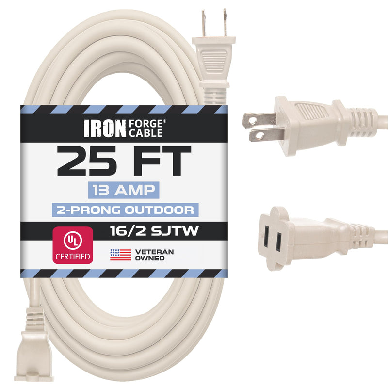 Iron Forge Cable 2 Prong Extension Cord 25 ft - 16 Gauge 13 Amp Heavy Duty Outdoor 2 Prong Power Cord - SJTW - Great for Landscaping, Deck, Outdoor Lights - Tan 25 Foot