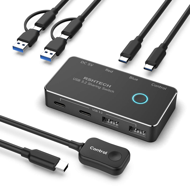 RSHTECH USB 3.2/USB C Switch 10Gbps 2 Computers Share 4 USB 3.2 Ports(2 USB-A+2 USB-C), USB Switcher Selector with 2 Cables and Controller for PC Laptop Keyboard Mouse USB 3.2 Switch