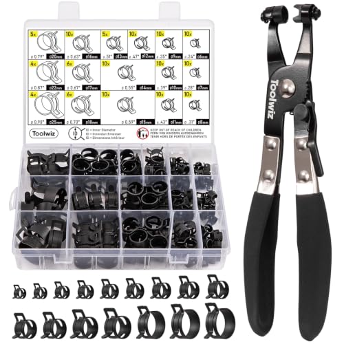 Toolwiz 130Pcs 6-25mm Spring Band Hose Clamps Assortment with Clamp Plier Spring Clamps with Plier 130
