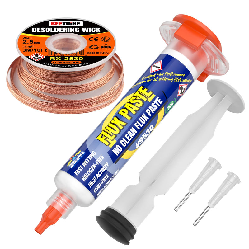 Rosin Soldering Pastes Flux (10 cc Syringe) with Desoldering Wire (3 m / 10 ft 2.5 mm) for Electronics Soldering Repairs Kit