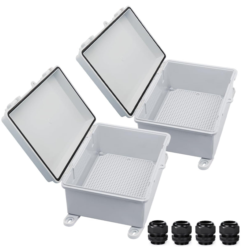 Waterproof Outdoor Electrical Box Junction Box Weatherproof IP67 ABS Plastic Enclosure Switch Router Project Box with Mounting Plate with Wall Bracket 2 Cable Glands Grey 8.7"x6.7"x4.3" 2PCS 8.7" x 6.7" x 4.3" 2pcs