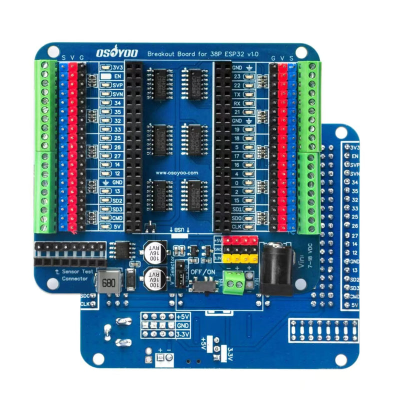 OSOYOO 38P ESP32 Shiled Breakout Board Terminal Block Shield HAT with Pin Header, 5V 3.3V Power Outputs, GPIO Status LED