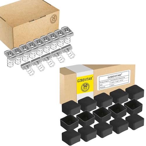 Strut Channel Nuts 1/2"-13 with Standard Spring - 30 Pcs, Black Strut Channel Caps - 50 Pack