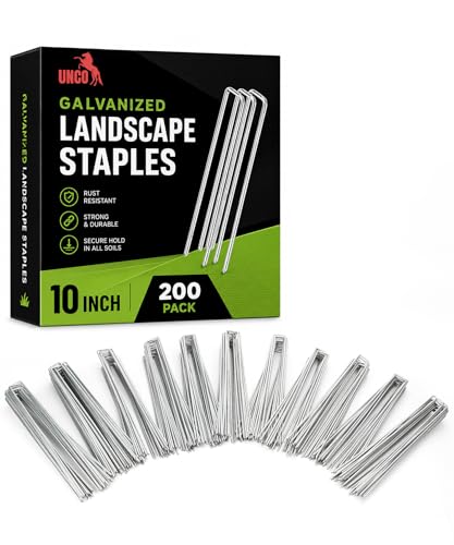 UNCO- Galvanized Landscape Staples, 10 Inch, 200 Pack, Garden Staples, U-Shaped Landscape Pins for Weed Barrier Cover, Ground Cover
