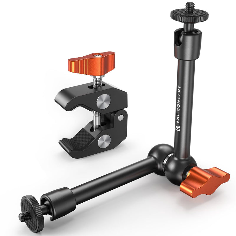 K&F CONCEPT 9.8" Magic Arm Clamp Kit with 1/4" & 3/8" Thread Screw 360° Ball Heads Articulating Magic Arm Camera Mount for DSLRs, Monitor, Flash, LED Light, Microphone, Camera Cage, Action Camera 9.8" with Clamp
