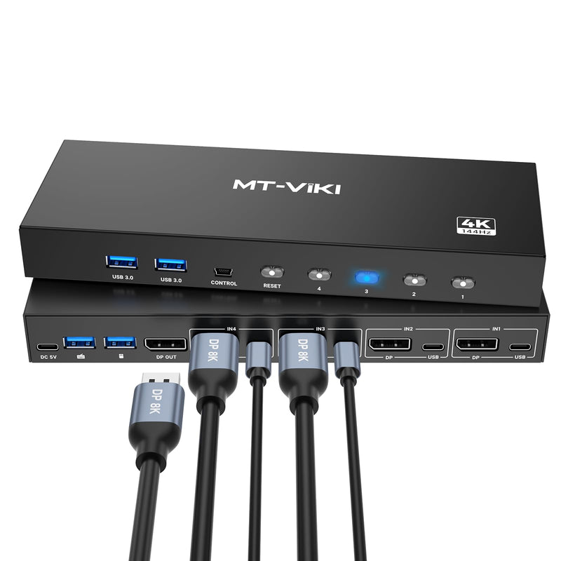 MT-VIKI 8K Displayport KVM Switch 4 in 1 Out DP1.4 with 4 USB 3.0 Ports, Support 8K@60Hz 4K@144Hz Share 1 Monitor Keyboard Mouse U-Disk Printer, with 4 USB A to C Cables 4 Port
