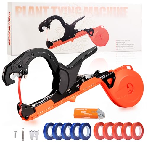 Lightweight Plant Tying Machine Tool with 10 Rolls Tapes & 10000 Staples for Tomatoes, Grapes, Cucumbers, Peppers & Vining Vegetables - Reduces Hand Fatigue for Gardeners & Farmers