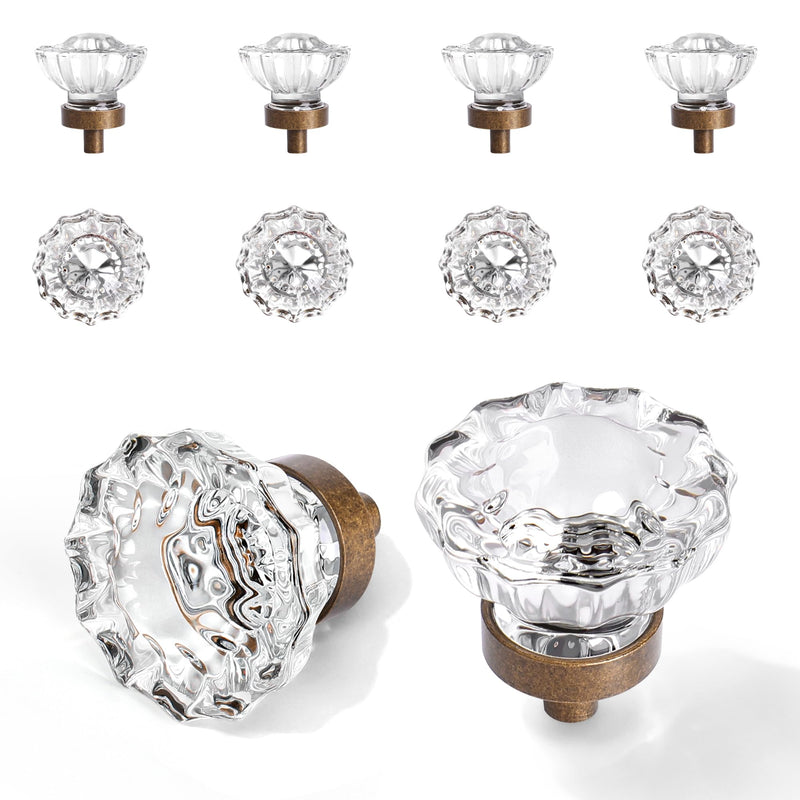 Vintage Cabinet Knobs Crystal Cabinets Knob 8 Pack, Antique Brass Bronze Small Pull, Clear Crystal Closet Dresser Drawers Cupboard Wardrobe Old Fashioned Handle, Retro Pulls Two Installation Methods