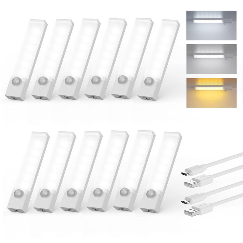 Under Cabinet Lighting 4 Inches Rechargeable Motion Sensor Light Indoor, 3 Color Dimmable Closet Light Battery Operated, USB Stick on LED Magnetic Under Counter Lights for Kitchen Stair,12 Packs 4inch-12pack