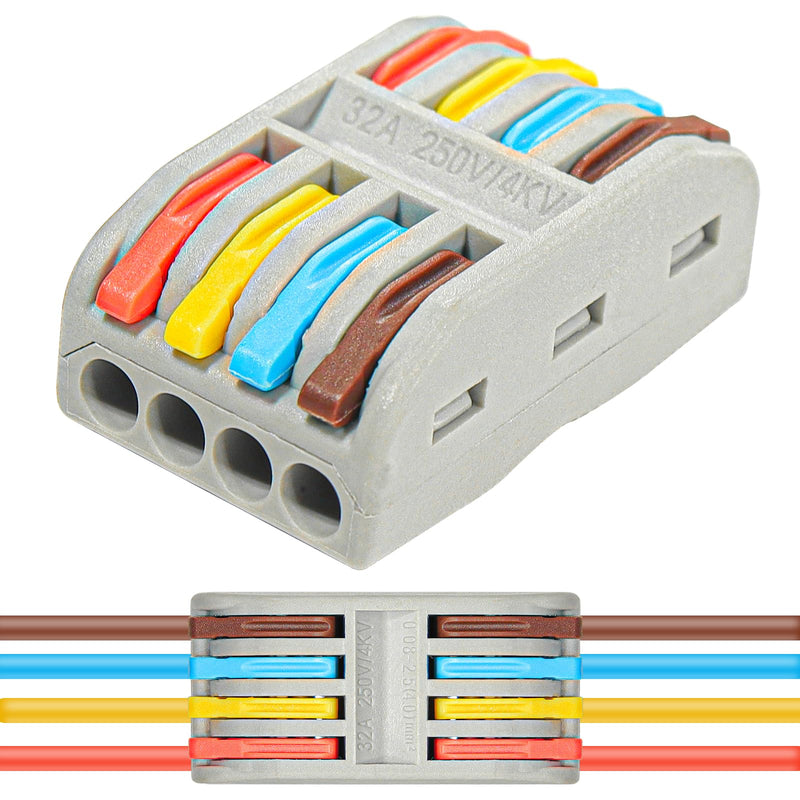 Wire Connectors Nuts, 30pcs 4 Conductor Compact Splicing Wire Connectors, 4 in 4 Out Lever Wire Nut, 4 Circuit Inline Splices 28-12 AWG PCT224-30PCS