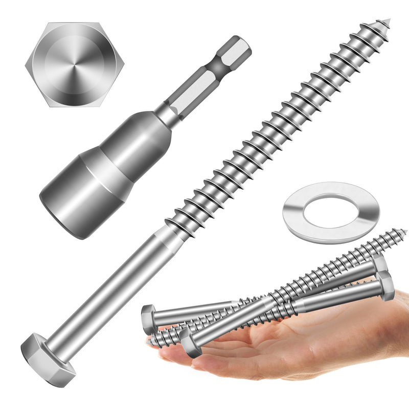(4Sets) 1/2" x 6" Hex Head Lag Bolts, Heavy Duty Lag Screws with Washers, 304 Stainless Steel Bolts 18-8, Lag Screws Wood Screws, Partial Thread Bright Finish, 1/2 Bolt by Mywish 1/2 x 6" (4 set)