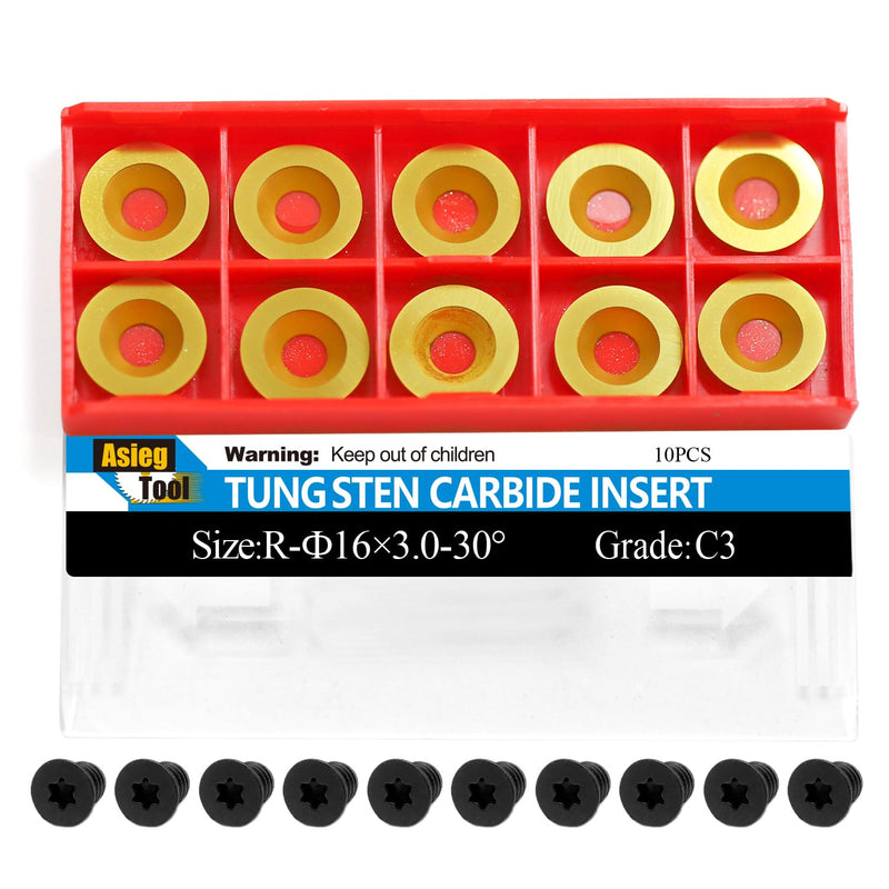 Asieg Tool Ci0 16mm Round TIN Carbide Inserts Cutters Knifes Titanium plating Indexable Replacement with Screws Fits For Full Pro Size DIY Wood Turning Finisher Hollower Tools Woodworking Lathe 10pcs Titanium Coating