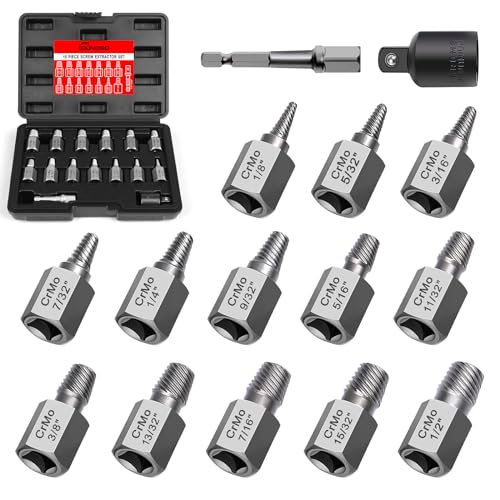 15 Pieces Screw Extractor Set, Easy Out Bolt Extractor Kit, 3/8" Inch Drive Hex Head Multi-Spline Bolt Remover Kit Tool for Removing Stripped, Broken Rusted Bolts Screws 15PCS