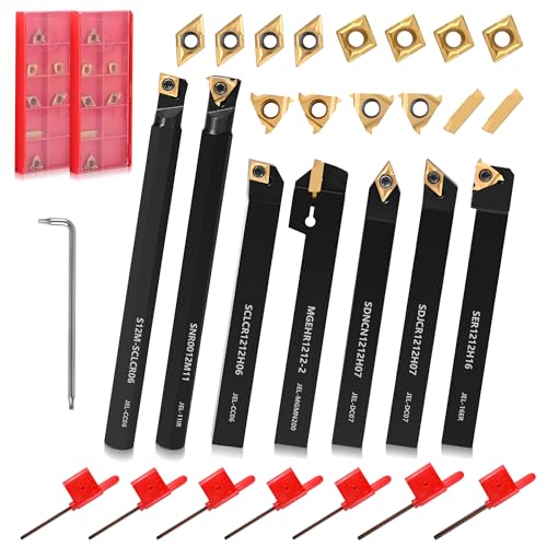 21-Pcs Indexable Lathe Tool Set with 7PCS 1/2" 12mm Shanks Turning Tool Holders and 14PCS Carbide Inserts for Turning, Grooving, Threading, Boring 7PCS1/2'' 12mm Shanks+14PCS Inserts