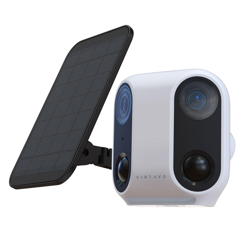 virtavo Cam XM1, Solar Security Cameras Wireless Outdoor, Dual 2MP Resolution, Color Night Vision, PIR Motion Detection, Battery-Powered, 2-Way Audio, Cloud/SD Storage, IP66 White