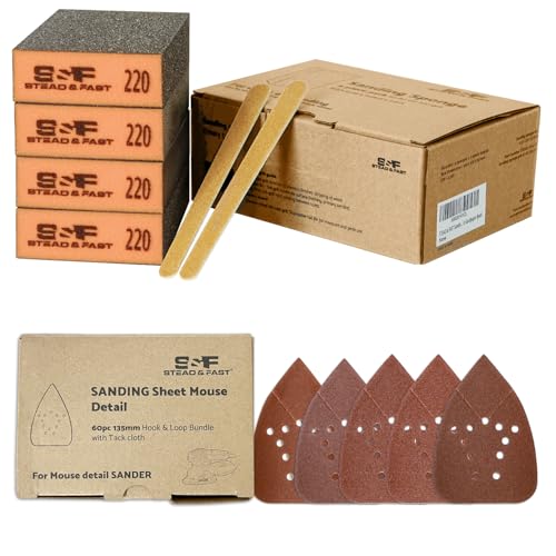 S&F STEAD & FAST Sanding Sponge 220 Grit 4 Pcs/12 Hole 60pcs Black and Decker Mouse Sanding Pads with Extra Tack Cloth for Finish