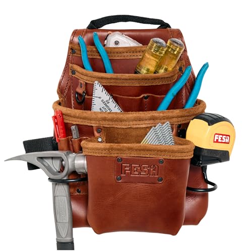 FESA Leather Carpenter Tool Pouch - 10-Pocket Heavy Top Grain Leather Carpenter Pouch with 2 Hammer Loops, Tape Clip, Large & Small Pockets - Fits Work Belts up to 3" - Handcrafted Cherry
