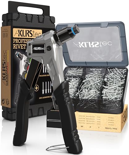 KLRStec Professional Rivet Gun & Rivet Assortment Bundle | Rivet Tool Kit with 120 Pop Rivets, 4 HSS Drills & 500pcs Aluminum Rivets (3/64“ 1/8“ 5/32“ 3/16“) | Complete Set for Blind Rivet Processing