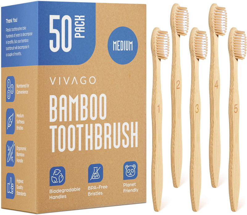 VIVAGO Bamboo Toothbrushes Medium Bristles 50 Pack - BPA Free Medium Bristles Toothbrushes for Adults - Eco-Friendly, Natural Wooden Toothbrush 50 Count (Pack of 1)
