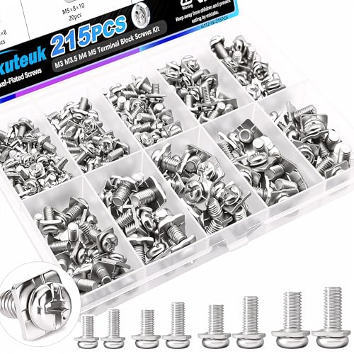 mxuteuk 215PCS Terminal Block Screws Kit,M3 M3.5 M4 M5 Terminal Screws,Nickel-Plated with Square Washers for Switch Plates,Electrical Panels and Terminal Blocks