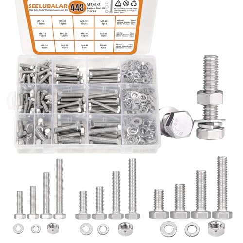 448 Pcs M5 M6 M8 Hex Bolts and Nuts Assortment Kit,16/20/30/40mm Bolts M5/M6/M8 - 16/20/30/40mm