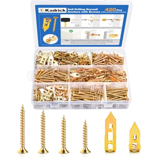 Kadrick 420Pcs Self Drilling Drywall Anchors with Screws Assortment，Zinc Plated,2025 Upgraded Hollow Wall 2 Sizes Anchors and 4 Sizes Screws Kit, Easy Application No Drill or Holes in Wall 420Pcs 6Size Kit