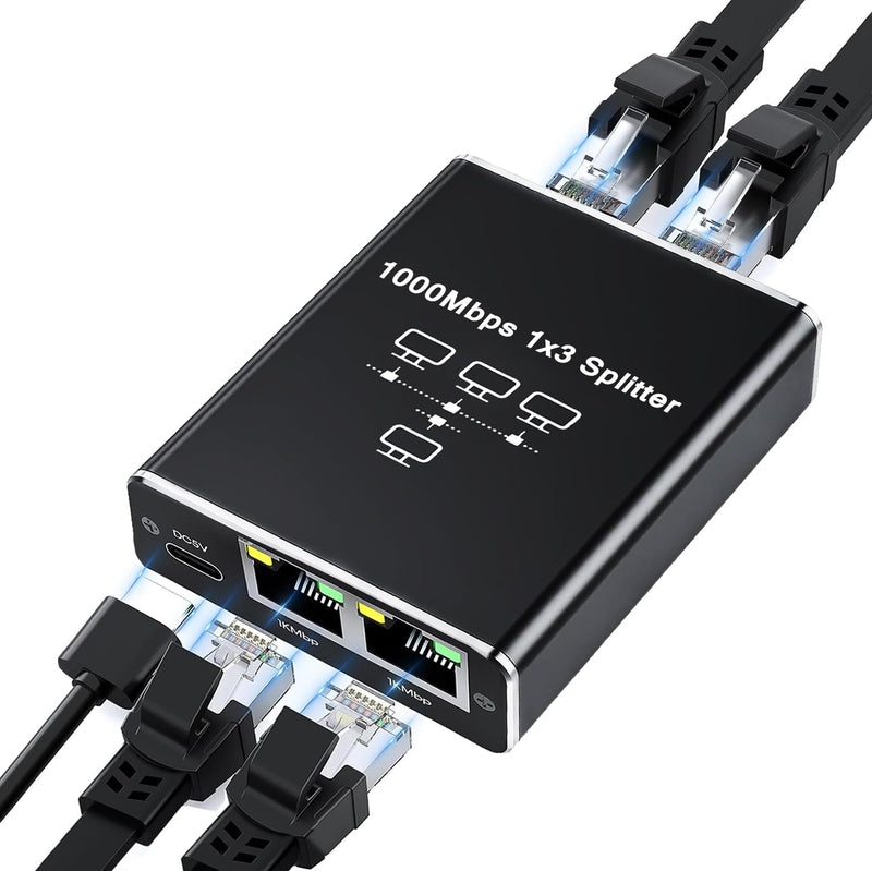 Ethernet Splitter 1 to 3, High Speed Internet Splitter, 1000Mbps LAN-Splitter, Gigabit RJ45 Ethernet Switch, Supporting Simultaneous Networking of 3 Devices, Applicable to Cat 5/5e/6/7/8 Cable Ethernet Splitter 1 to 3