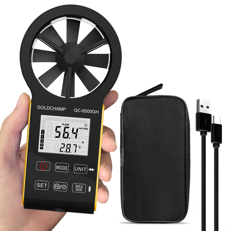 Digital Anemometer, CFM Rechargeable & Waterproof Anemometer Measures Wind Speed (0.3~30 m/s), Air Volume (0-999900 ft3/min) Touch Screen, Backlight Display for HVAC, Shooting