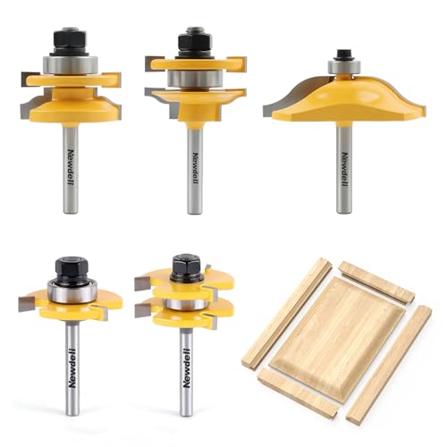Newdeli 5Pcs Cabinet Door Router Bit Set 1/4" Shank Raised Panel Router Bits Tongue and Groove Router Bit Set Ogee Rail and Stile Router Bits Cabinet Making Tools