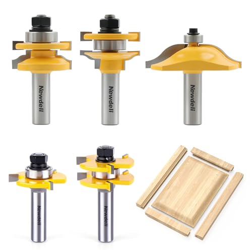 Newdeli 5Pcs Cabinet Door Router Bit Set 1/2" Shank Raised Panel Router Bits Tongue and Groove Router Bit Set Ogee Rail and Stile Router Bits Cabinet Making Tools