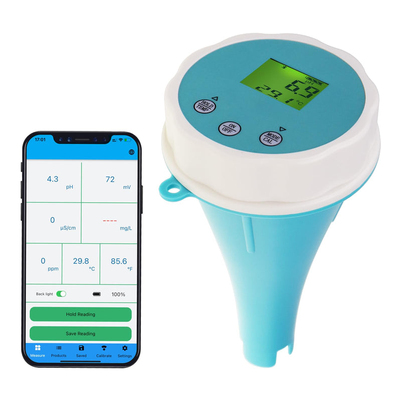 6-in-1 Digital Floating Water Monitor with Bluetooth | Real Time PH, EC, ORP, Chlorine, Salinity and Temperature Tests | 1000 Data Sets, Waterproof IP67, 24-Hour Monitoring