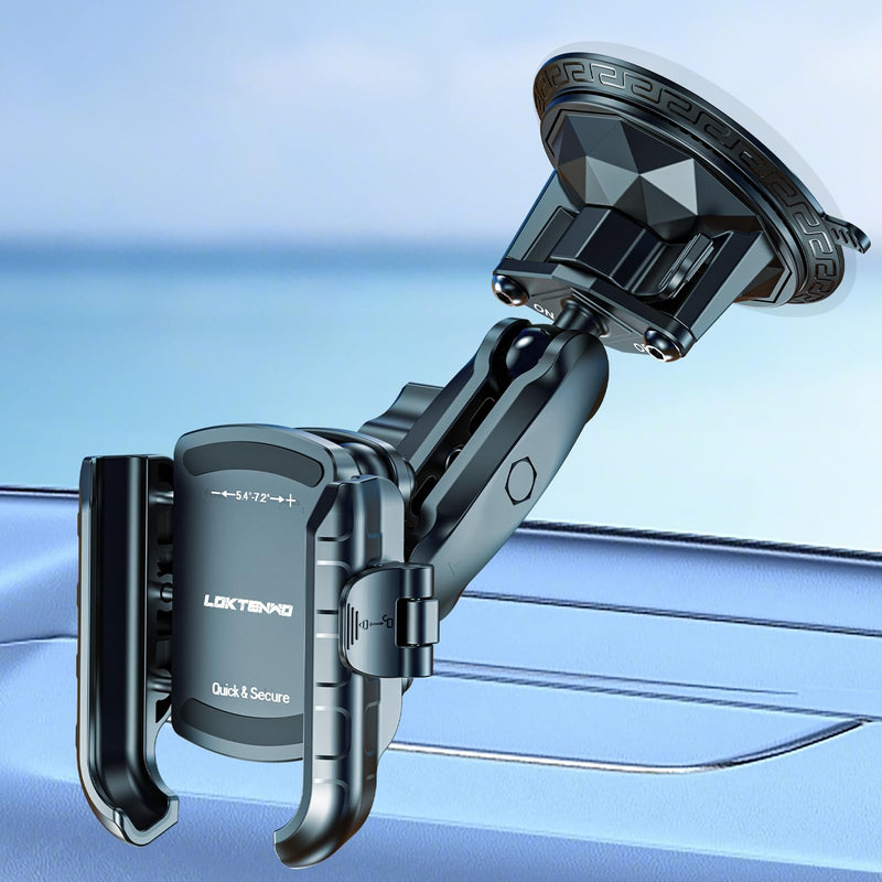 Car Phone Holder Mount with Vibration Dampener & Twist-Lock Suction Cup Base, [Camera Friendly] [1s Lock & Release] with Metal Medium Arm for Vehicle Windshields, Fit 5.4''-7.2'' Smartphones