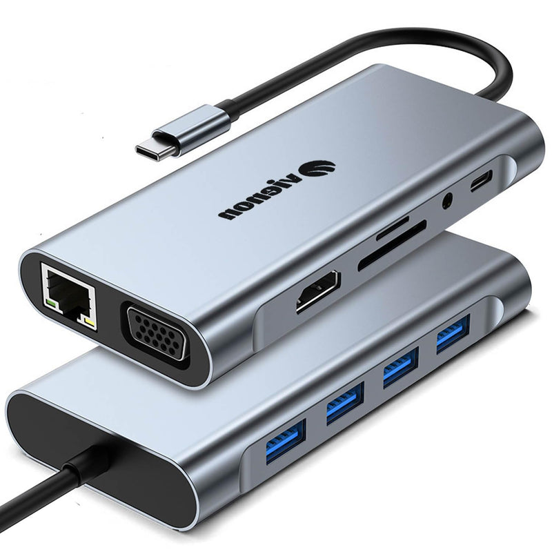 11-in-1 USB C Hub, Laptop Docking Station with RJ45 Gigabit Ethernet, 4K HDMI, 1080P VGA, SD/Micro SD Card Reader, 3.5 mm Audio Aux Jack, PD 100W Charging, Full Functional USB C Dongle 11-in-1