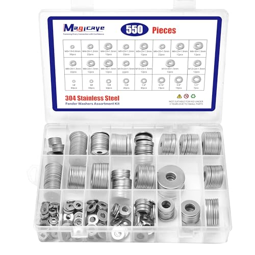 Fender Washers, 550 Pcs SAE and Metric Flat Washers Assortment Kit, Stainless Steel Washers for Screws and Bolts (M3, M4, M5, M6, M8, M10, M12, #6, #8, #10, #12, 1/4", 5/16", 3/8", 1/2") Fender Washers-550Pcs