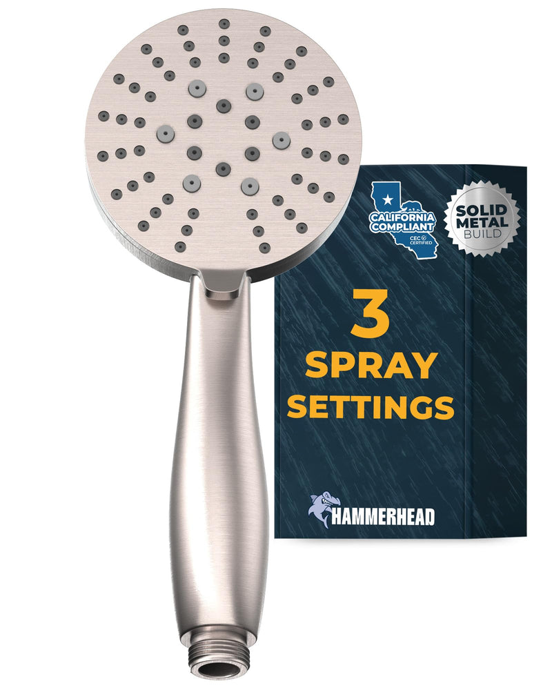 HammerHead Showers® Solid METAL 3-Spray Hand Held Shower Head, Brushed Nickel | Select from Wide, Massage, and Mist Sprays | 1.75 GPM Low Flow Handheld Showerhead | Made from 304 Stainless Steel