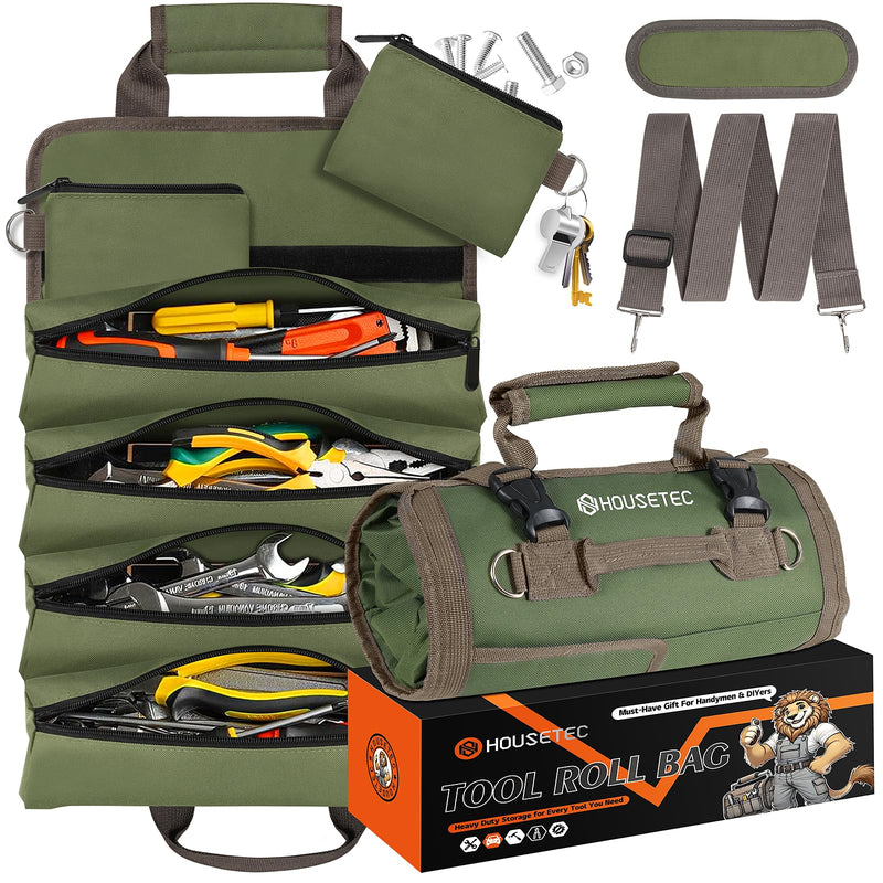Roll Up Tool Bag-Gifts For Men Dad Husbands Him, Father's Day Birthday Gifts For Men, Heavy Duty Tool Organizer Bag With 2 Detachable Pouches Mechanic Carpenter (Green) Green