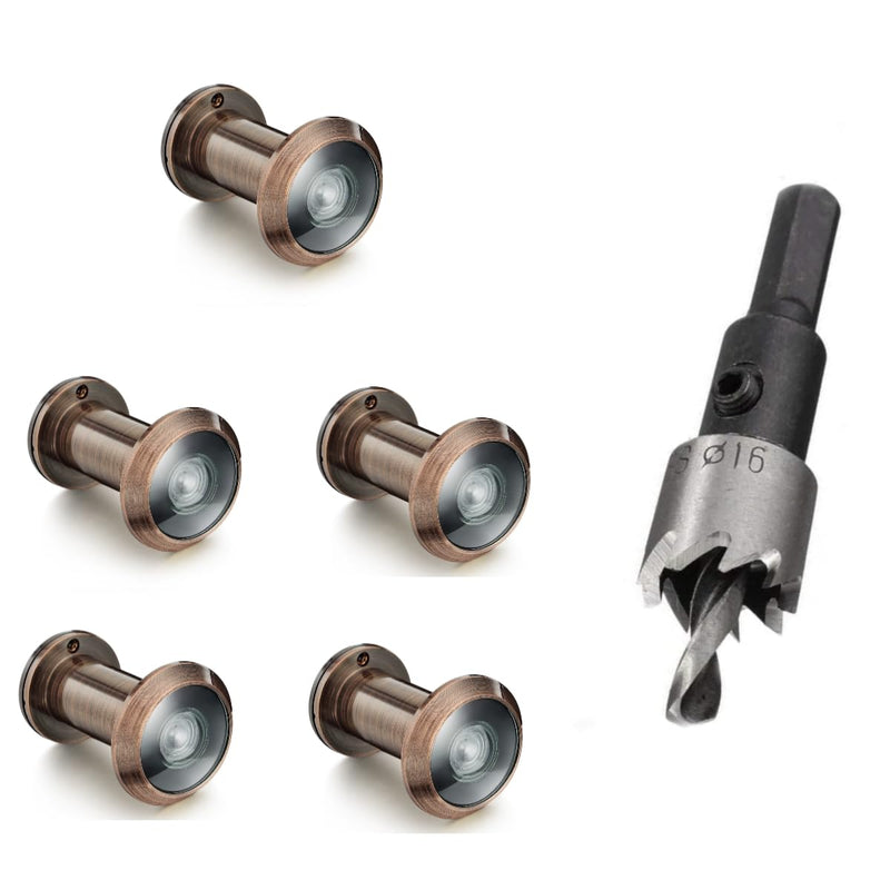 TOGU 5PCS of 220-degree Solid Brass Peep Holes for Door with 16mm Drill Bit, 0.63 inch Door Peephole with Privacy, Compatible with Door Thick from 1-3/8" to 2-1/6", Antique Copper Finish 5 PACK + Drill