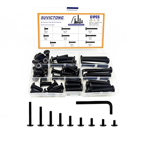 61Pcs M8 Flat Head Hex Socket Cap Screws Assortment Kit, M8x 10mm/12mm/20mm/25mm/30mm/35mm/40mm/50mm/60mm Socket Cap Bolts,304 Stainless Steel 18-8, Full Thread, Black Oxide with Hex Spanner
