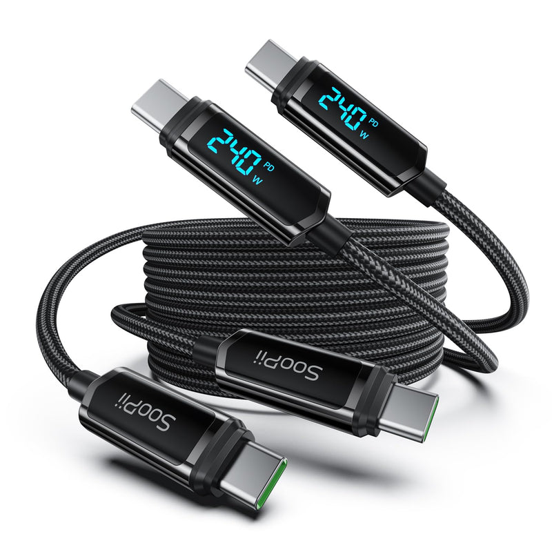 SOOPII USB C to USB C Cable [10ft/2Pack], 240W USB C Cable,Nylon Braided Type C Fast Charging Cables with LED Display for lPhone 16/15 Pro Max, Galaxy S25/S24, MacBook Pro/Air, iPad, Laptop,Black Black 10 Feet (2-Pack) 240W