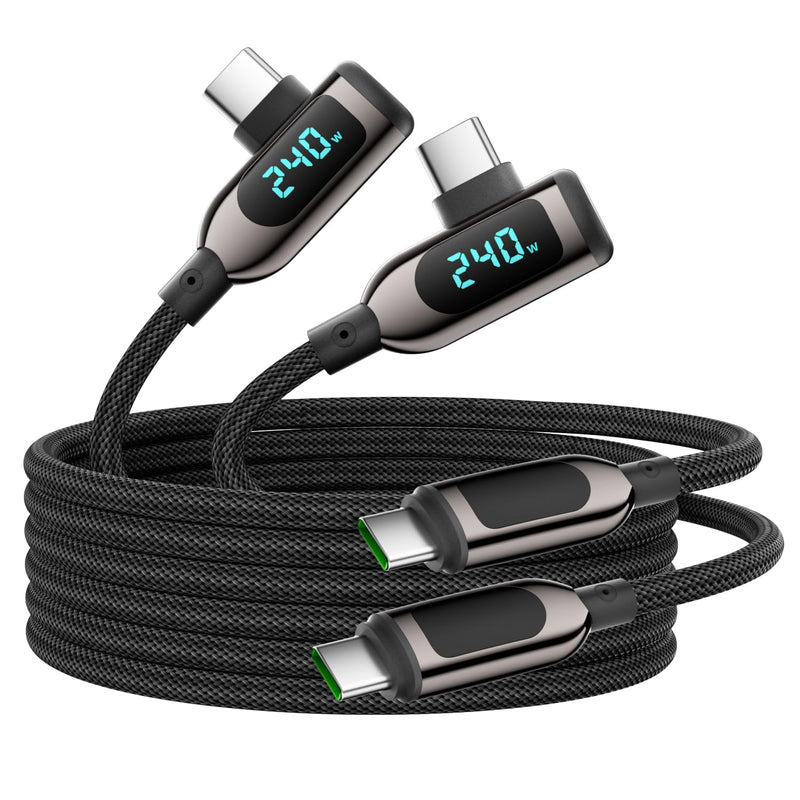 240W Right Angle USB C to USB C Cable [10ft/2Pack],Nylon Braided Type C Fast Charging Cable with LED Display for lPhone 16/15 Pro Max, Galaxy S25/S24 Ultra, MacBook, Laptop,Black 10FT-2Pack