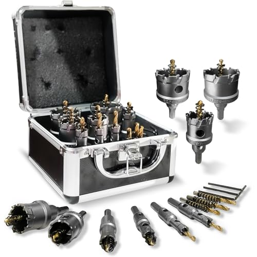 14Pcs TCT Hole Saw Kit with case, 1/2"-1-57/64" Heavy-Duty Tungsten Carbide Hole Saws Sets for Metal, Stainless Steel, Iron, Wood, Plastic, with 4*Detachable Pilot Drill Bits and 2*L-Wrench 1/2"-1-57/64"