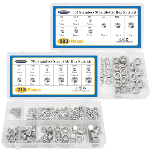 511 PCS SAE and Metric Stainless Steel Hex Nut Assortment Kit,2#56 4#40 6#32 8#32 10#24 10#32 12#24 1/4-20 5/16-18 3/8-16 7/16-14 1/2-13 M2 M2.5 M3 M4 M5 M6 M8 M10 M12(SAE&Metric) SAE&Metric