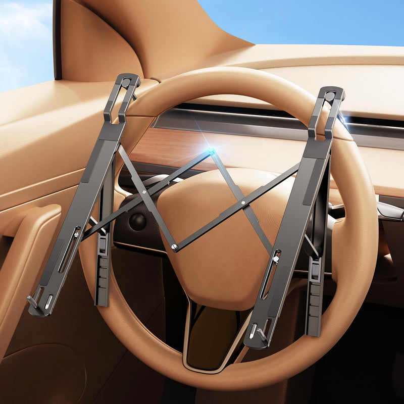 Car Laptop Mount Steering Wheel Tray Holder, Height Adjustable Car Desk for Laptop Computer Tablet, Foldable Portable Lap Laptop Stand for Car Vehicle Workstation Accessories Truck SUV Tesla Metallic Gray