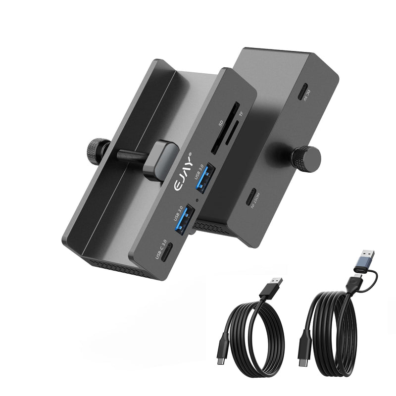 EJAY 5Ports USB3.0 HUB Alu Splitter Desktop Docking with Card Reader for Desk/Monitor Clipping with Extra Power Supply Port,59inches Data & 39inches Power Cable-5Gbps(Black) Black