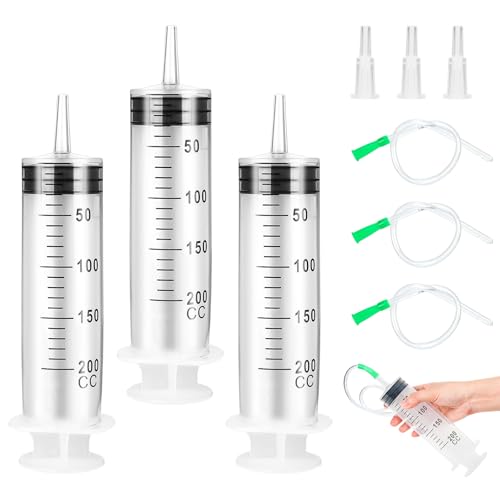 Pack of 3 Syringes 200 ml, Syringe with Hose 30 cm, Plastic Syringe, Reusable Large Syringe, Dosing Syringe for Industrial Use, Scientific Laboratory Experiments