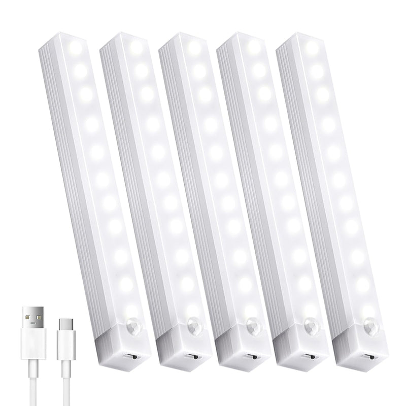 5 Pack Motion Sensor Under Cabinet Lights with Magnetic, LED Rechargeable 8 Inch Under Counter Closet Lights for Wardrobe Cupboard Kitchen White