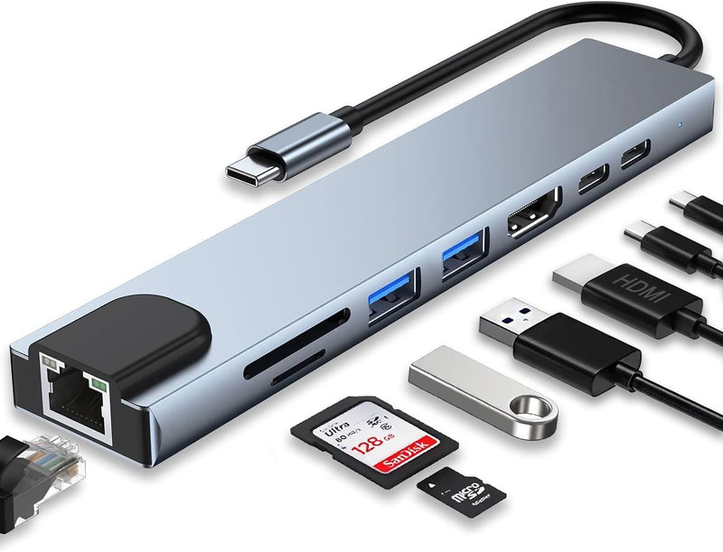 USB C Hub 8 in 1, RJ45 Ethernet Multi Port Adapter, with SD/TF Card Slot, 4K HDMI, USB 3.0/2.0, RJ45, 100W PD, USB C Port, Docking Station for MacBook Pro/Air, iPad Pro, Laptops