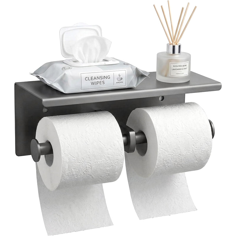 Double Toilet Paper Holder with Phone Storage Shelf Grey | Stainless Steel Tissue Roll Rack Large without Cover