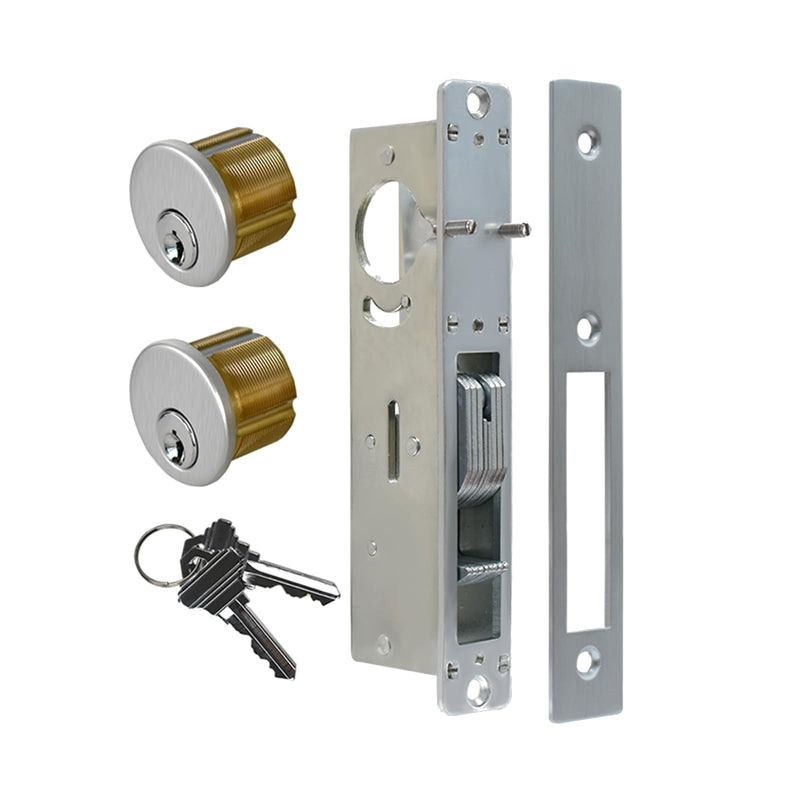 Commercial Mortise Door Lock with Double Cylinder, 1-1/8" Backset Storefront Door Hook Bolt Lock, Solid Brass Cylinder, Direct Replacement for Aluminum Narrow Stile Doors (Silver) Silver 1-1/8"Hook Deadbolt,Double Cylinder