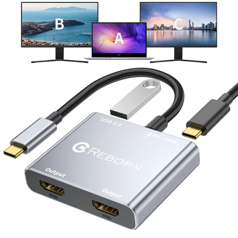 USB C to Dual HDMI Adapter | 4K@60Hz HDMI Splitter Extended Display for Dual Monitors, Multi-Monitor Adapter with USB and 100W PD, Windows Allows 3 Separate Screens, macOS Only Allows Mirror Mode
